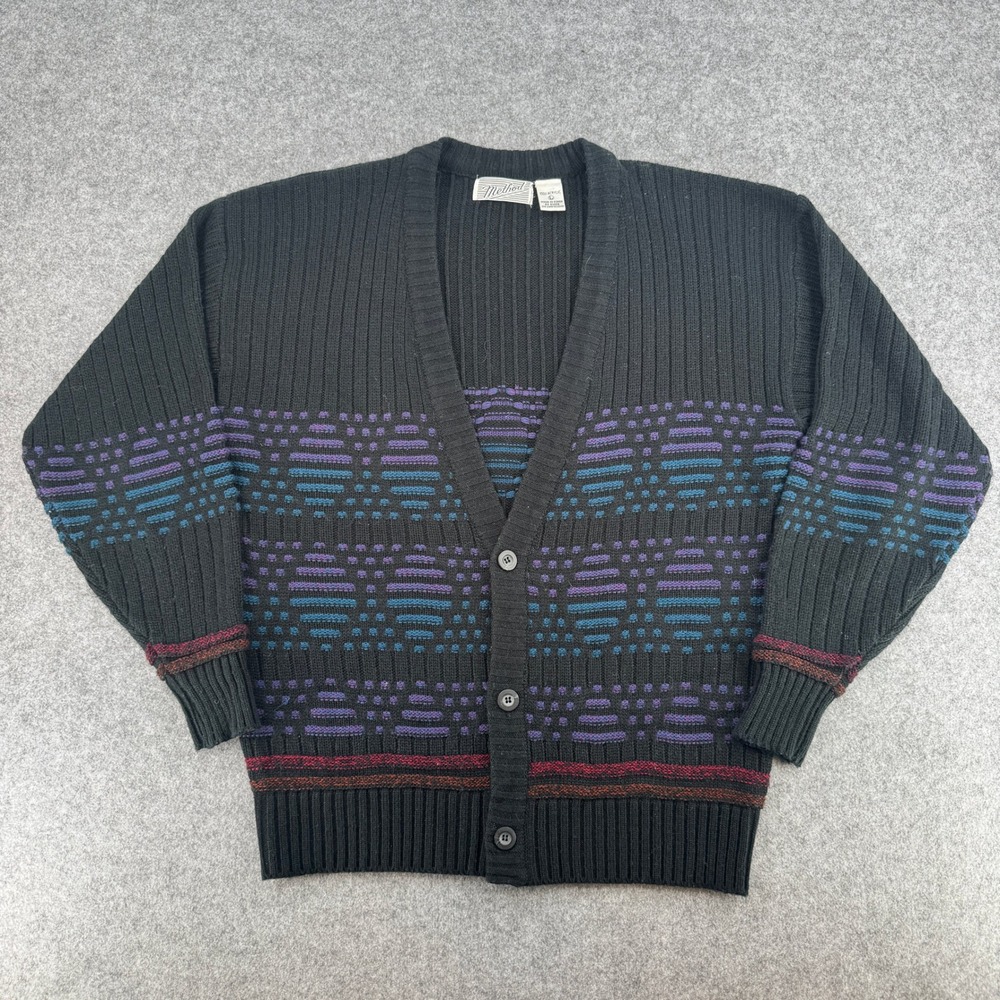 Method Cardigan Mens L Geometric Retro Knit Black Purple V-Neck EUC